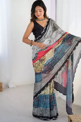 multicolor heavy chiffon mirror work saree