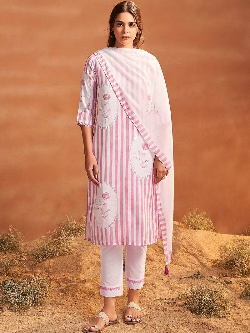 Women Printed Regular Linen Kurta with Trousers & With Dupatta