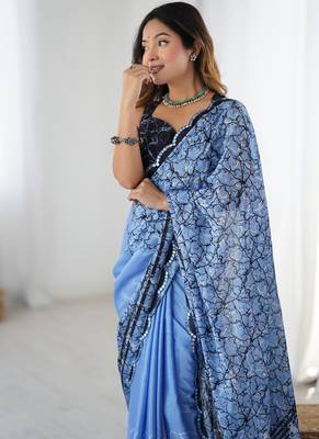 aqua blue heavy chiffon mirror work saree 2
