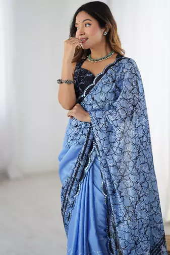 aqua blue heavy chiffon mirror work saree
