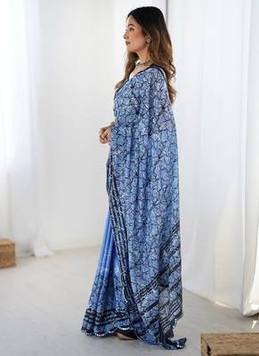 aqua blue heavy chiffon mirror work saree 3