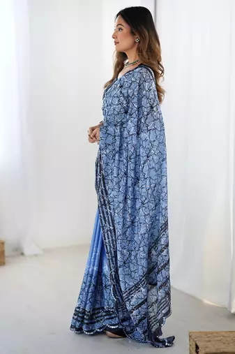 aqua blue heavy chiffon mirror work saree