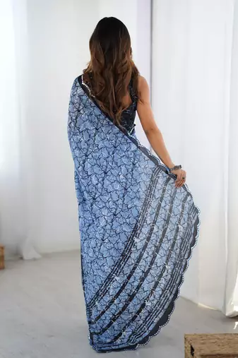 aqua blue heavy chiffon mirror work saree