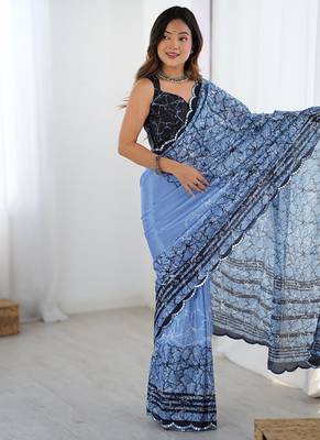 aqua blue heavy chiffon mirror work saree 5