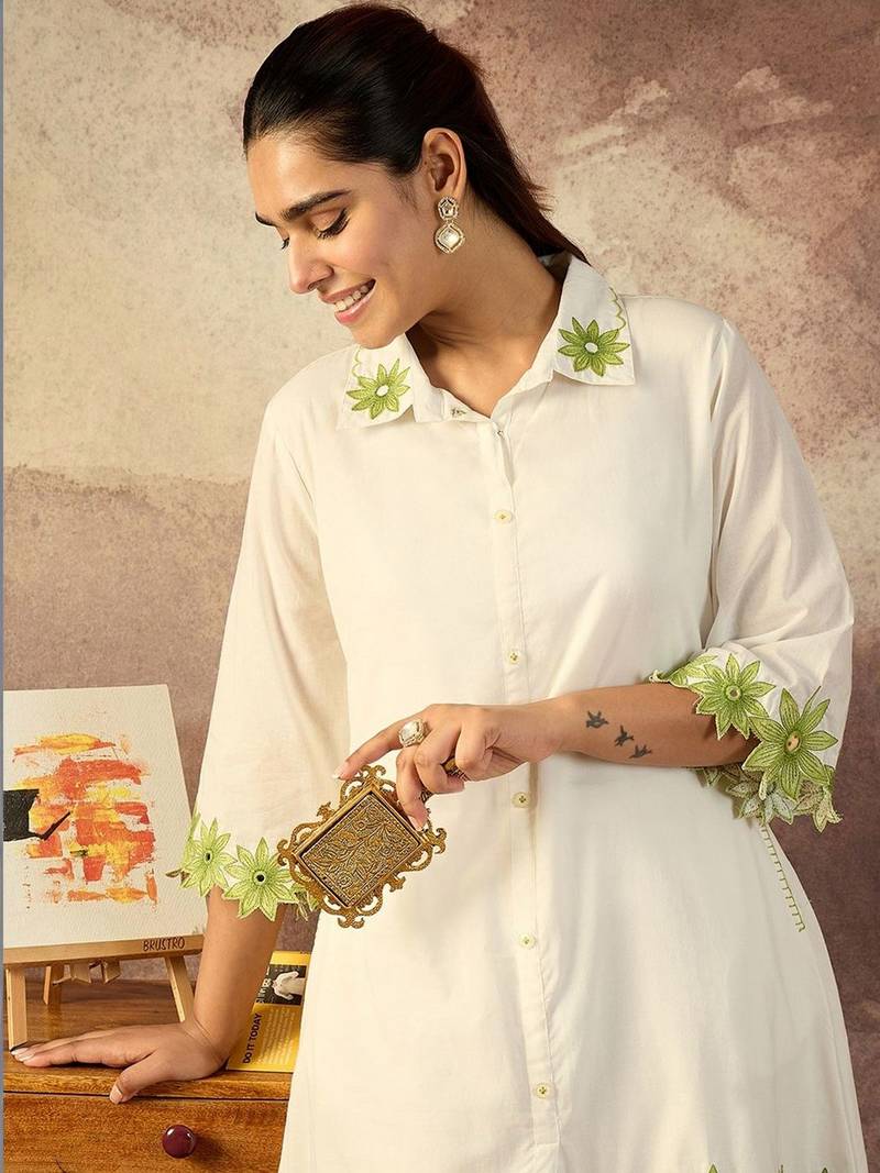 Women Floral Embroidered Regular Thread Work Pure Cotton Kurta with Palazzos