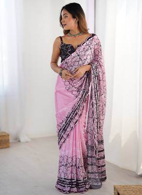 pink heavy chiffon mirror work saree 1