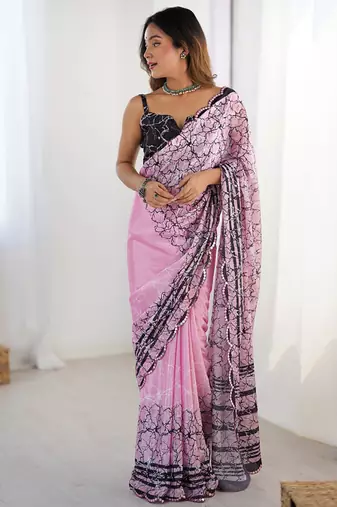 pink heavy chiffon mirror work saree
