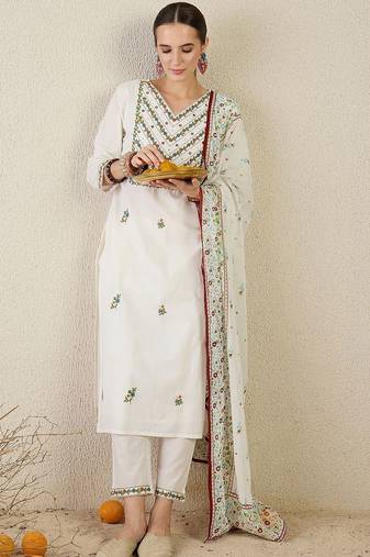 Women Ethnic Motifs Embroidered Regular Mirror Work Pure Cotton Kurta with Trousers & With Dupatta