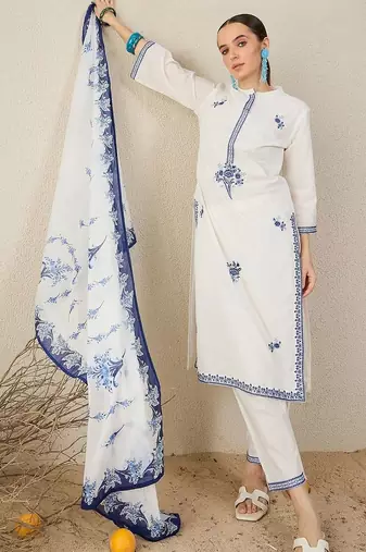 Women Floral Embroidered Regular Thread Work Pure Cotton Kurta with Trousers & With Dupatta