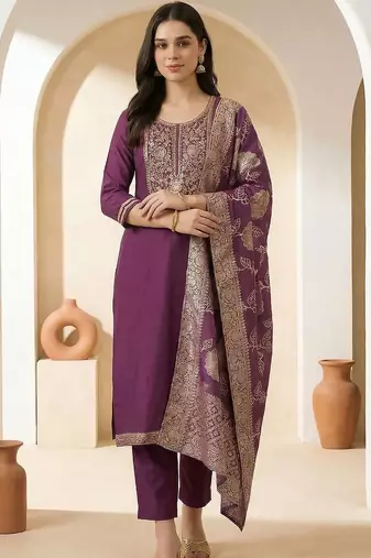 Women Ethnic Motifs Embroidered Regular Thread Work Kurta with Trousers & With Dupatta