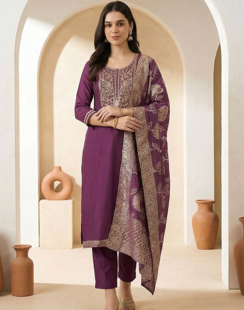 Women Ethnic Motifs Embroidered Regular Thread Work Kurta with Trousers & With Dupatta