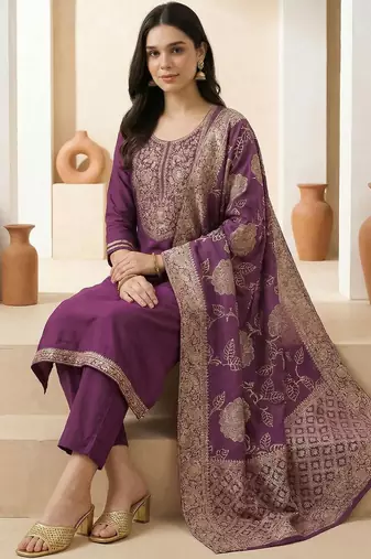 Women Ethnic Motifs Embroidered Regular Thread Work Kurta with Trousers & With Dupatta