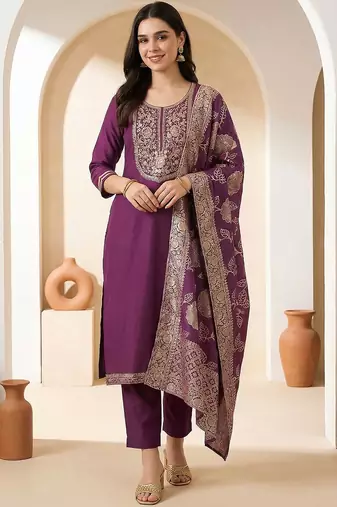 Women Ethnic Motifs Embroidered Regular Thread Work Kurta with Trousers & With Dupatta