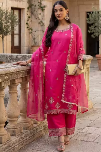 Women Ethnic Motifs Embroidered Regular Thread Work Kurta with Trousers & With Dupatta