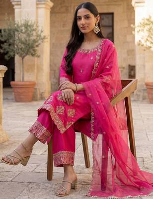 Women Ethnic Motifs Embroidered Regular Thread Work Kurta with Trousers & With Dupatta 5