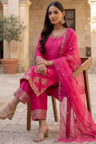 Women Ethnic Motifs Embroidered Regular Thread Work Kurta with Trousers & With Dupatta