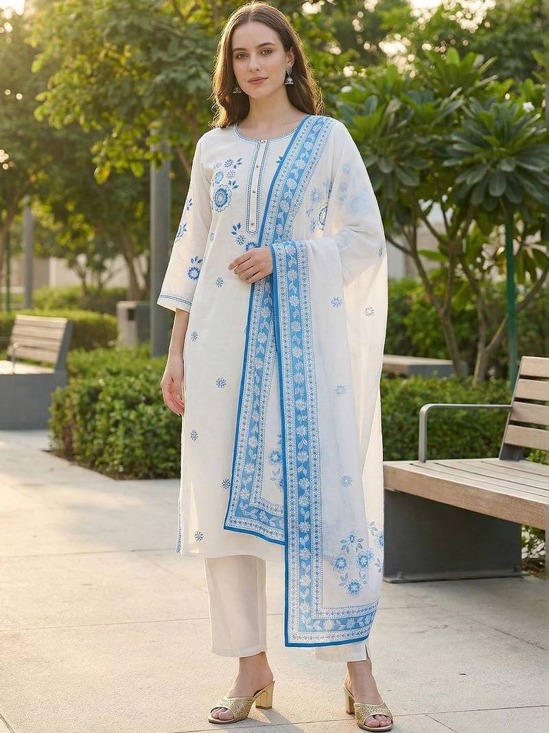 Women Floral Embroidered Regular Thread Work Pure Cotton Kurta with Trousers & With Dupatta