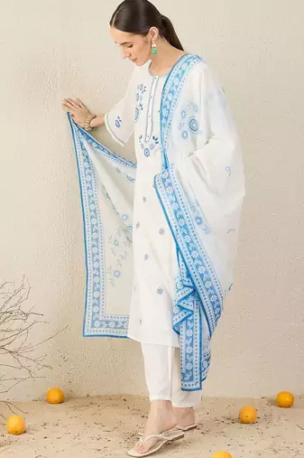 Women Floral Embroidered Regular Thread Work Pure Cotton Kurta with Trousers & With Dupatta