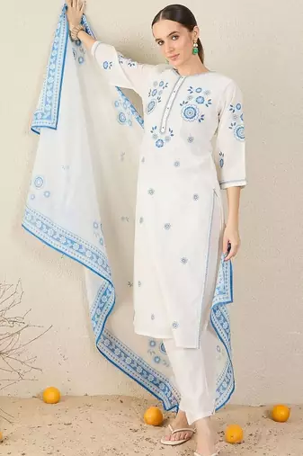 Women Floral Embroidered Regular Thread Work Pure Cotton Kurta with Trousers & With Dupatta