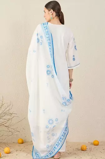 Women Floral Embroidered Regular Thread Work Pure Cotton Kurta with Trousers & With Dupatta