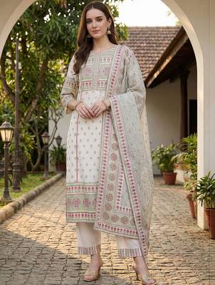 Women Ethnic Motifs Printed Regular Pure Cotton Kurta with Trousers & With Dupatta 1