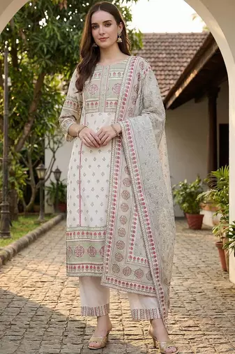 Women Ethnic Motifs Printed Regular Pure Cotton Kurta with Trousers & With Dupatta