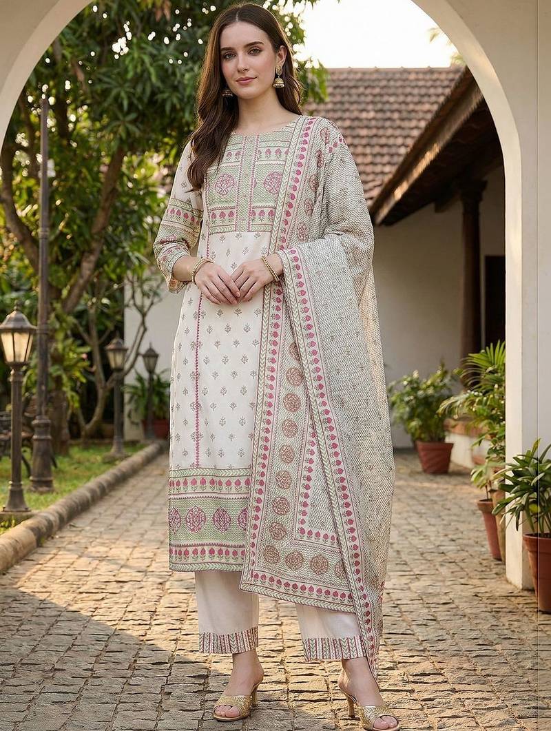 Women Ethnic Motifs Printed Regular Pure Cotton Kurta with Trousers & With Dupatta