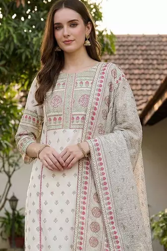 Women Ethnic Motifs Printed Regular Pure Cotton Kurta with Trousers & With Dupatta