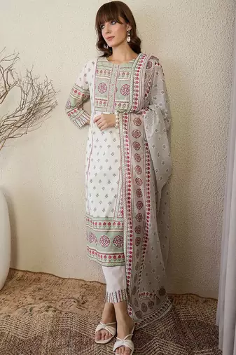 Women Ethnic Motifs Printed Regular Pure Cotton Kurta with Trousers & With Dupatta