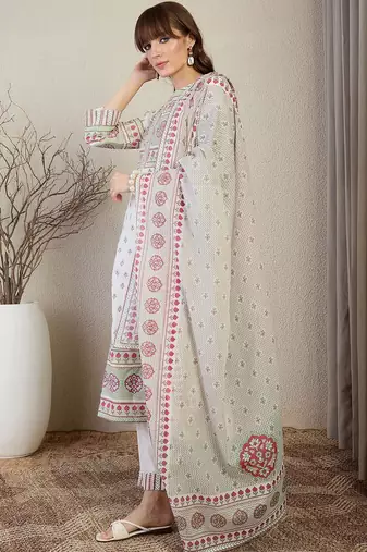 Women Ethnic Motifs Printed Regular Pure Cotton Kurta with Trousers & With Dupatta