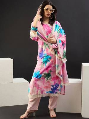 Women Floral Printed Regular Thread Work Kurta with Trousers & With Dupatta 1