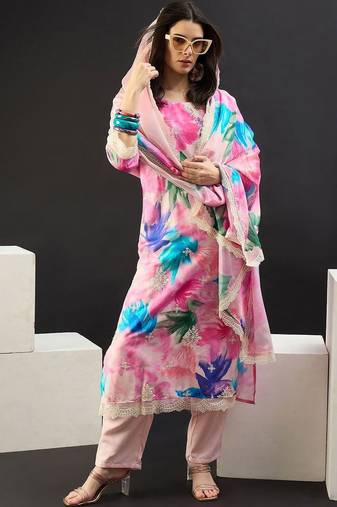 Women Floral Printed Regular Thread Work Kurta with Trousers & With Dupatta