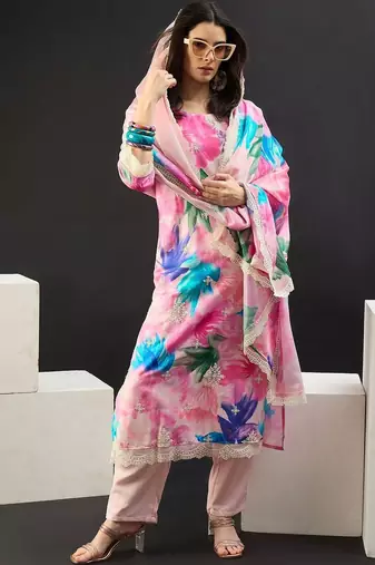 Women Floral Printed Regular Thread Work Kurta with Trousers & With Dupatta