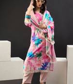 Women Floral Printed Regular Thread Work Kurta with Trousers & With Dupatta