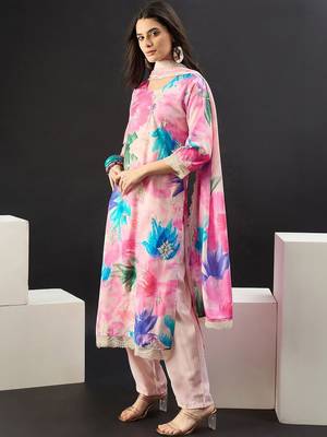 Women Floral Printed Regular Thread Work Kurta with Trousers & With Dupatta 3