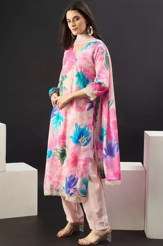 Women Floral Printed Regular Thread Work Kurta with Trousers & With Dupatta