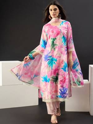 Women Floral Printed Regular Thread Work Kurta with Trousers & With Dupatta 4