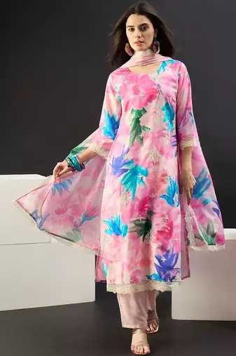 Women Floral Printed Regular Thread Work Kurta with Trousers & With Dupatta