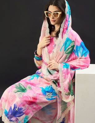 Women Floral Printed Regular Thread Work Kurta with Trousers & With Dupatta 6