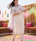 Women Floral Embroidered Regular Thread Work Pure Cotton Kurta with Trousers & With Dupatta
