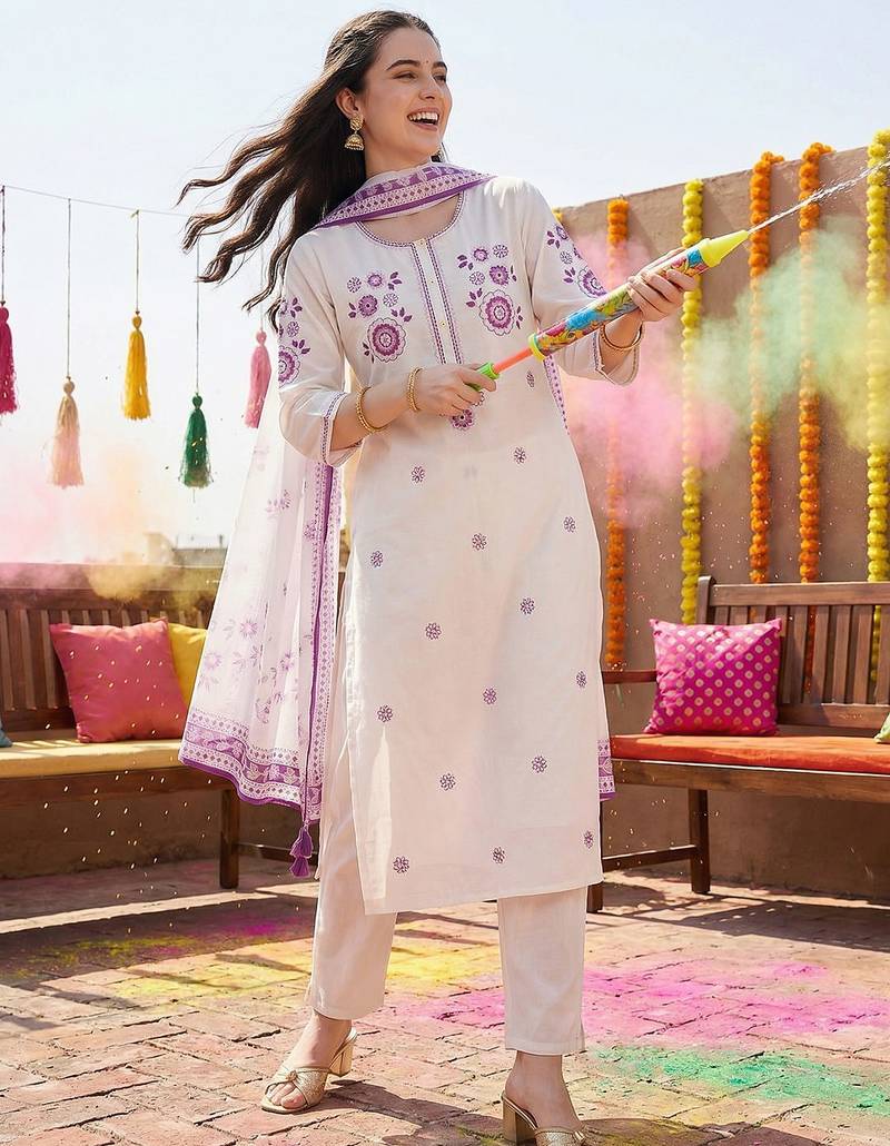 Women Floral Embroidered Regular Thread Work Pure Cotton Kurta with Trousers & With Dupatta