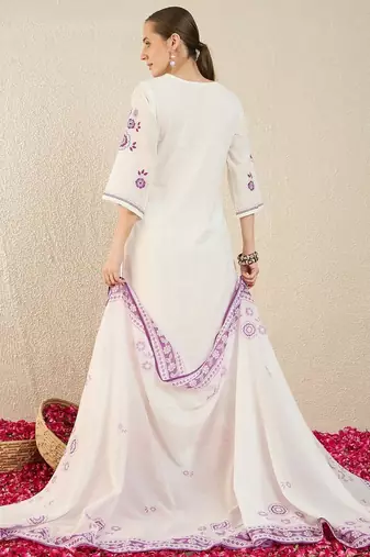 Women Floral Embroidered Regular Thread Work Pure Cotton Kurta with Trousers & With Dupatta