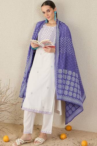 Ethnic Motifs Embroidered Thread Work Pure Cotton Kurta With Trousers & Dupatta