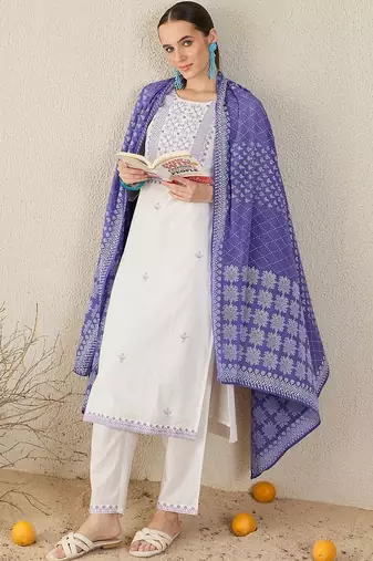 Ethnic Motifs Embroidered Thread Work Pure Cotton Kurta With Trousers & Dupatta