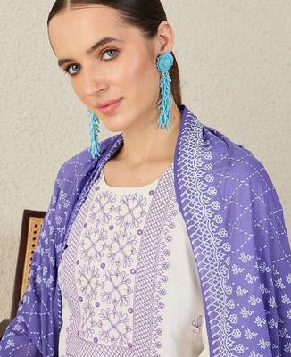 Ethnic Motifs Embroidered Thread Work Pure Cotton Kurta With Trousers & Dupatta 3