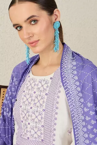 Ethnic Motifs Embroidered Thread Work Pure Cotton Kurta With Trousers & Dupatta