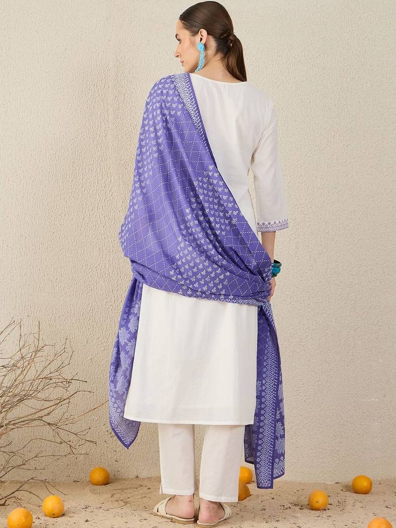Ethnic Motifs Embroidered Thread Work Pure Cotton Kurta With Trousers & Dupatta