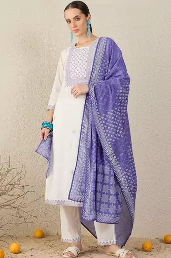 Ethnic Motifs Embroidered Thread Work Pure Cotton Kurta With Trousers & Dupatta