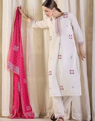 Women Ethnic Motifs Embroidered Regular Thread Work Pure Cotton Kurta with Trousers & With Dupatta 1