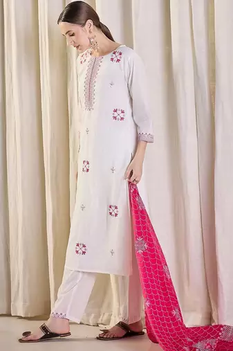 Women Ethnic Motifs Embroidered Regular Thread Work Pure Cotton Kurta with Trousers & With Dupatta